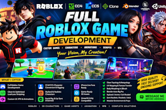 create complete roblox game with cc4 cc5 iclone , luau scripting  vfx roblox vid