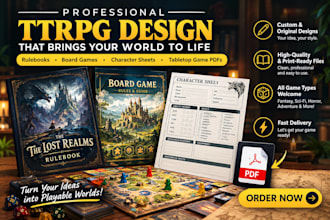 design ttrpg rulebook, board game, character sheet, tabletop game pdf