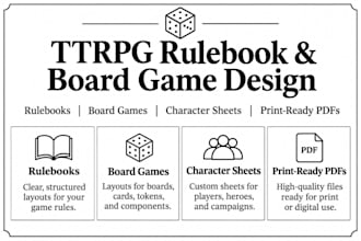 design ttrpg rulebook, board game, character sheet, tabletop game pdf