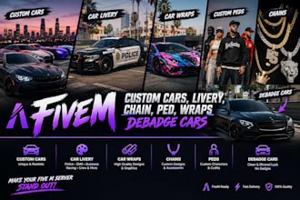 create fivem custom cars, car livery, chain, ped, car wraps debadge cars