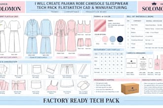 create pajama robe camisole sleepwear tech pack flatsketch cad and manufacturing
