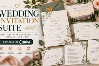 design custom wedding invitation suite with rsvp save the date canva template