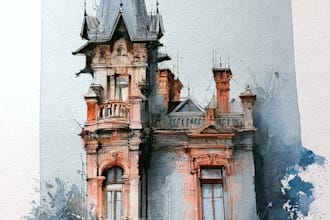 watercolor painting art in unique watercolor house