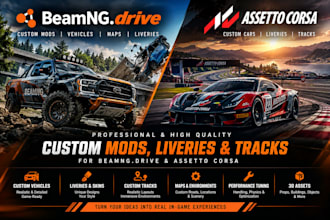develop beamng drive and assetto corsa custom mods, liveries and assetto track