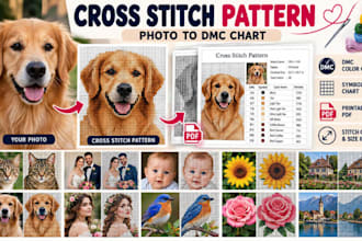 convert photo to cross stitch pattern, dmc chart and printable PDF stitch files