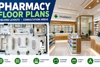 design pharmacy floor plans, shelving layouts consultation areas