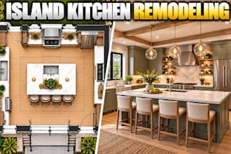 design island kitchen remodeling plans with detailed 3d views