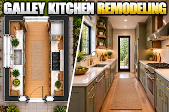 design galley kitchen remodeling plans with detailed 3d views