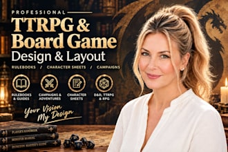 design ttrpg rulebook, board game, character sheet, tabletop game