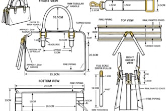 create handbag, purse and wallet technical drawings for manufacturing