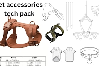 create pet accessories tech pack for dog collar, harness, leash