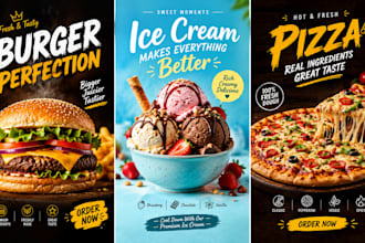 food posters, burger ads, ice cream posters and restaurant menus fast