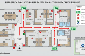design fire safety, evacuation, emergency exit plan and floor plan