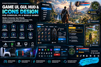 design game UI, gui, hud and icons for PC, console and mobile games