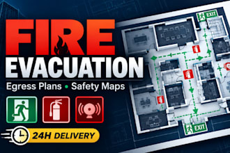 design fire evacuation diagram, egress plan, emergency exit and safety map