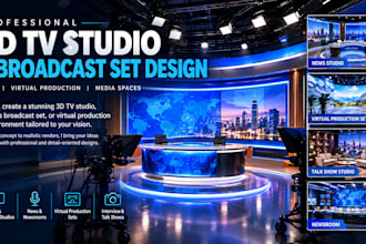 design 3d TV studio, news, podcast and virtual production set with rendering