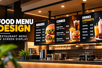 design restaurant menu, food menus and digital menu board for TV screen displays