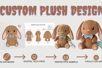 design custom plushie reference sheet and plush toy prototype