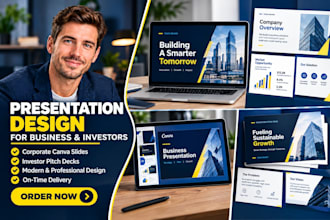 design corporate canva presentation slides, and powerpoint investor pitch deck