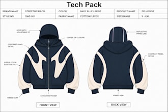 create streetwear tech pack for tshirt, hoodie, cargo pants ready for production