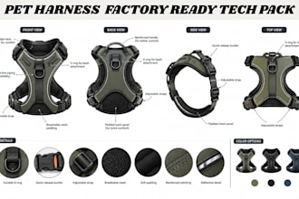 create pet accessories tech pack, factory ready tech pack, dog harness