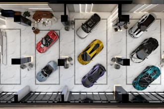 renew 3d luxury car showroom, auto dealership, aesthetic garage interior render