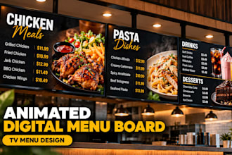 design animated digital menu boards, TV menu and restaurant food screen displays