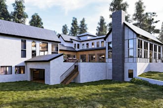 remodel3d old farmhouse, outdoor warm panel, seam roof, d5 house external render