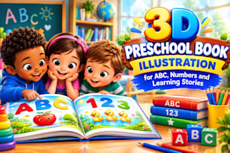 3d preschool book illustration for abc numbers and learning stories