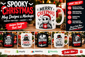 design spooky fonts typography mug mockups for christmas shopify etsy pod shop