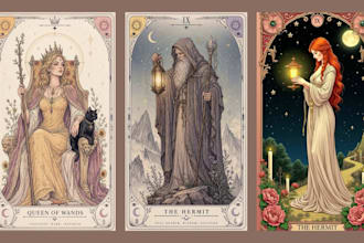 hand draw custom tarot card, oracle card, card deck illustration tuck box design