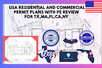 create usa fl,ca,ma,ny,tx residential and commercial  permit plan with pe review