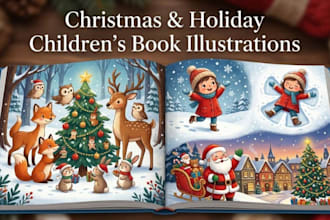 create whimsical children book illustrations for christmas and holiday stories