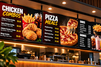 design fast food digital menu board for TV screens with combos, meals and prices