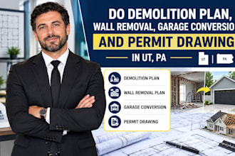 do demolition plan, wall removal, garage conversion and permit drawing in ut, pa