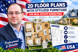 design colored 2d floor plans with stylized furniture for real estate marketing