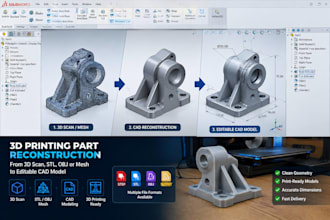 3d printing part reconstruction from 3d scan, stl obj mesh to editable cad model