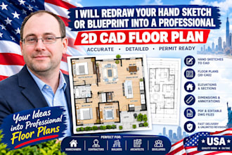 redraw your hand sketch or blueprint into a 2d cad floor plan