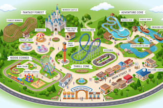 design custom theme park map, zoo map, amusement park and attraction map