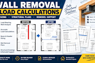 provide load calculations beam sizing and wall removal plans
