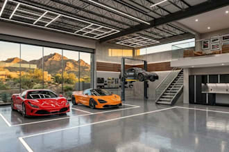 design realistic 3d car showroom, car dealership, display hall, car garage