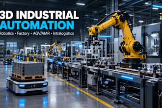 do 3d industrial machinery, robotic, warehouse, cobot, intralogistics animation