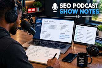create SEO podcast show notes with timestamps, summaries and key takeaways today