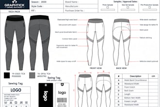 create activewear tech pack for sportswear tracksuit and gym wear for production