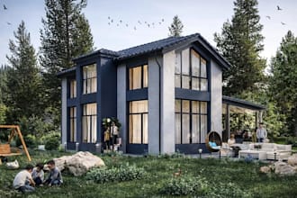 modernize 3d cottage house,interior layout,bedroom design,parlor fireplace,lawn