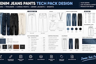 create denim jeans pants and trousers, cargo pants tech packs for fashion brands