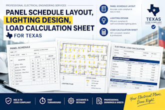 provide panel schedule layout, lighting design, load calculation sheet for texas