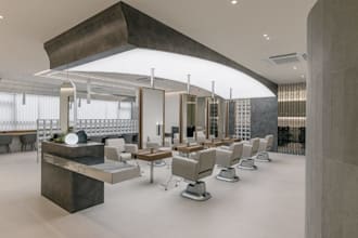 optimize 3d hair salon layout,spa beauty lounge, industrial chic interior visual