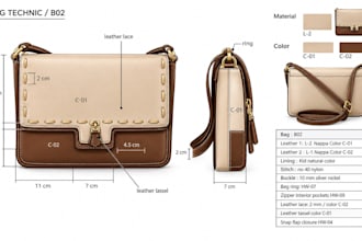 design handbag tech pack for crossbody shoulder clutch  for production