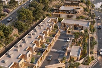render 3d multi family house,gated community,courtyard parking,aerial view,cgi
